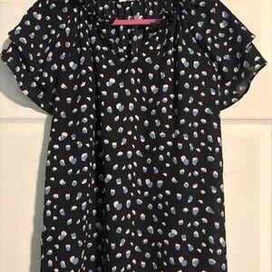 Pleione Black V-Neck Blouse with Blue and White Spot Print